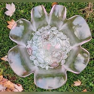 Vintage Mikasa Bowl Rosella Pink Frosted Glass Ruffled Edges